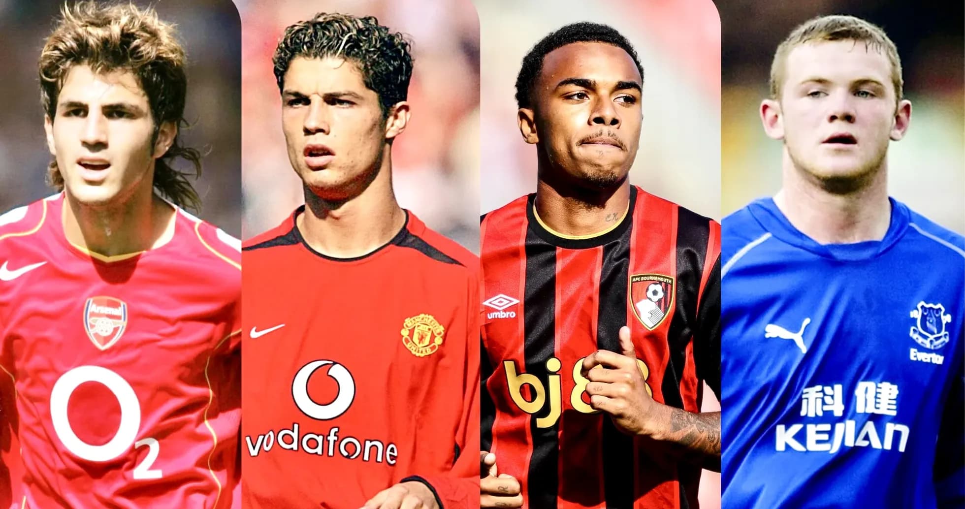 Four football players in club jerseys posing