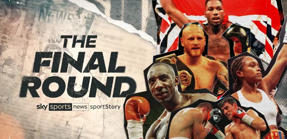 Collage of boxers with championship belts and flags