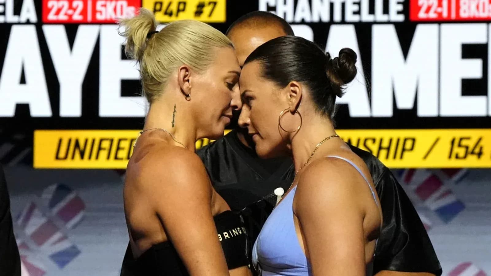 Boxers face-off during championship weigh-in event