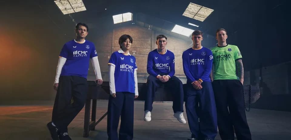 Everton players wearing new kit in studio