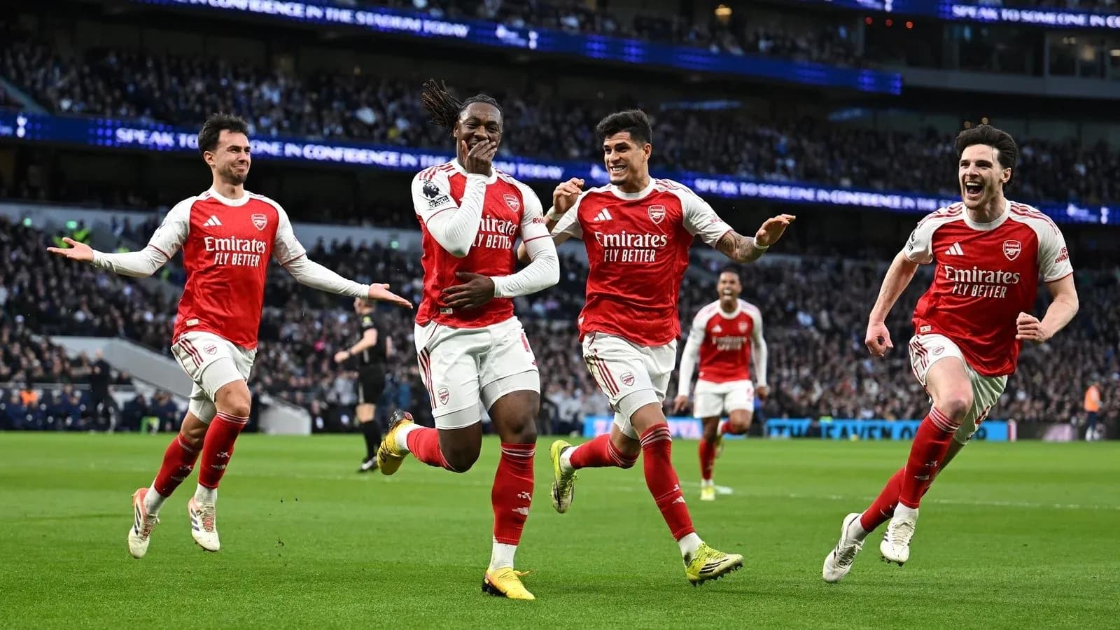 Arsenal players celebrating a goal during match