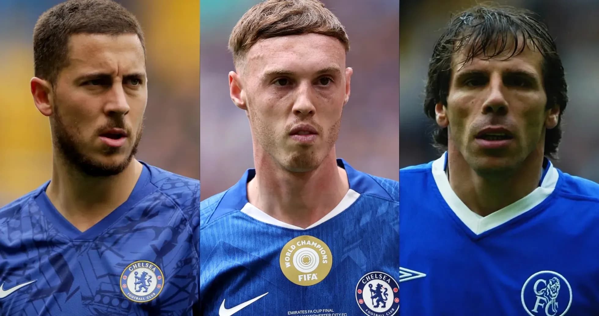 Three Chelsea players in blue kits, close-up shots