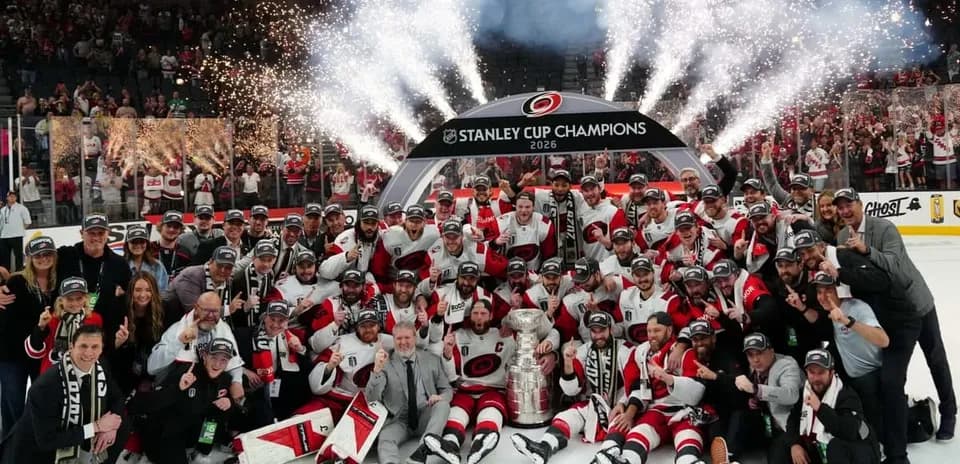 Carolina Hurricanes celebrate Stanley Cup victory with trophy