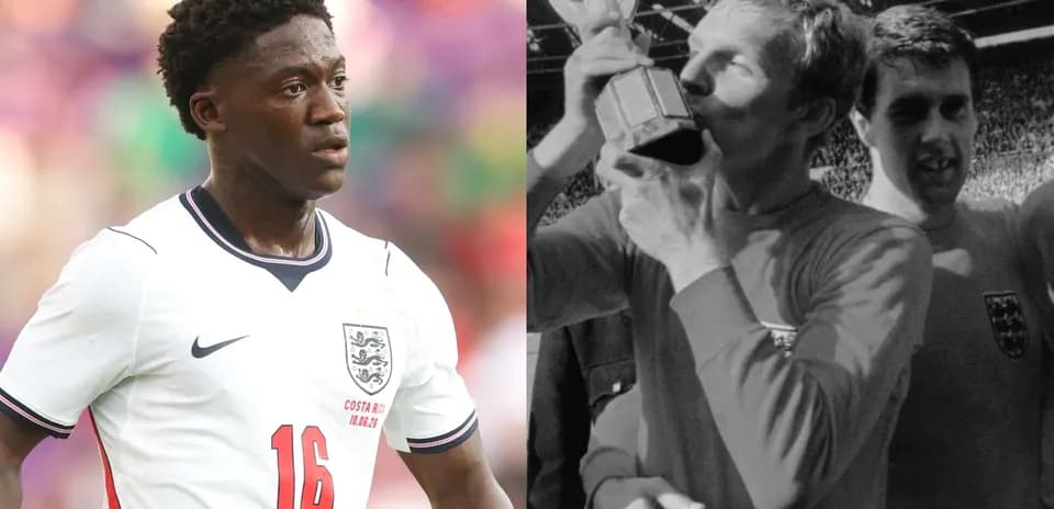 Young player in England kit next to trophy celebration