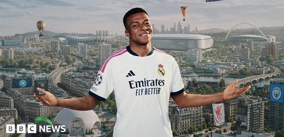 Futbolchi Kylian Mbappe Real Madrid formasida tasvirlangan