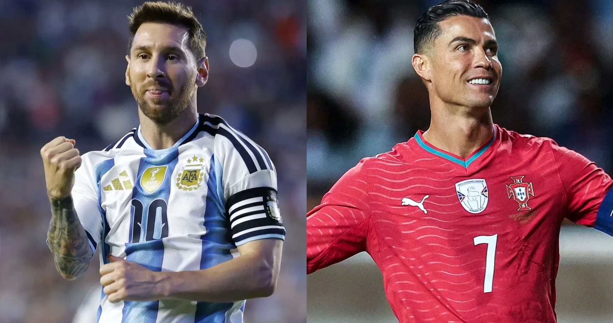 Lionel Messi and Cristiano Ronaldo posing in jerseys