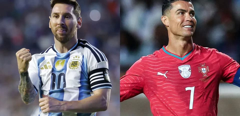Lionel Messi and Cristiano Ronaldo posing in jerseys