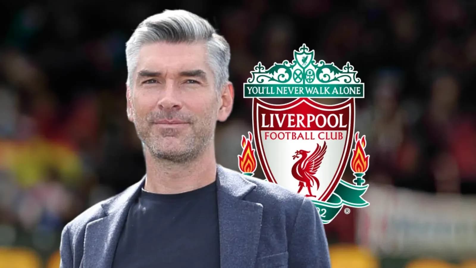 Man standing with Liverpool FC logo in background