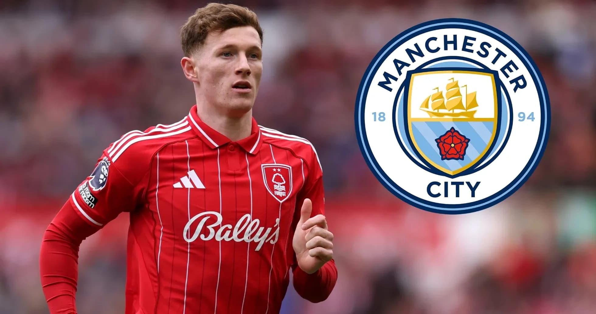 Futbolchi qizil formada, Manchester City emblemi bilan