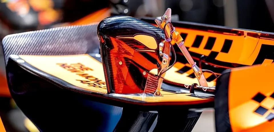 Formula 1 car rear wing detail in pit area