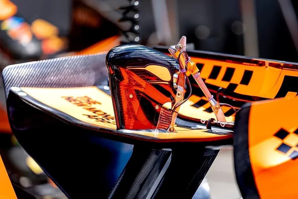 Formula 1 car rear wing detail in pit area