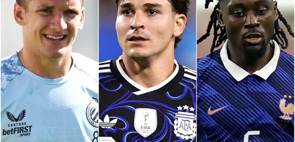 Three football players in different team jerseys
