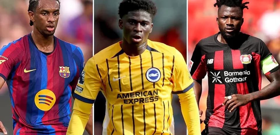 Three football players in their team jerseys