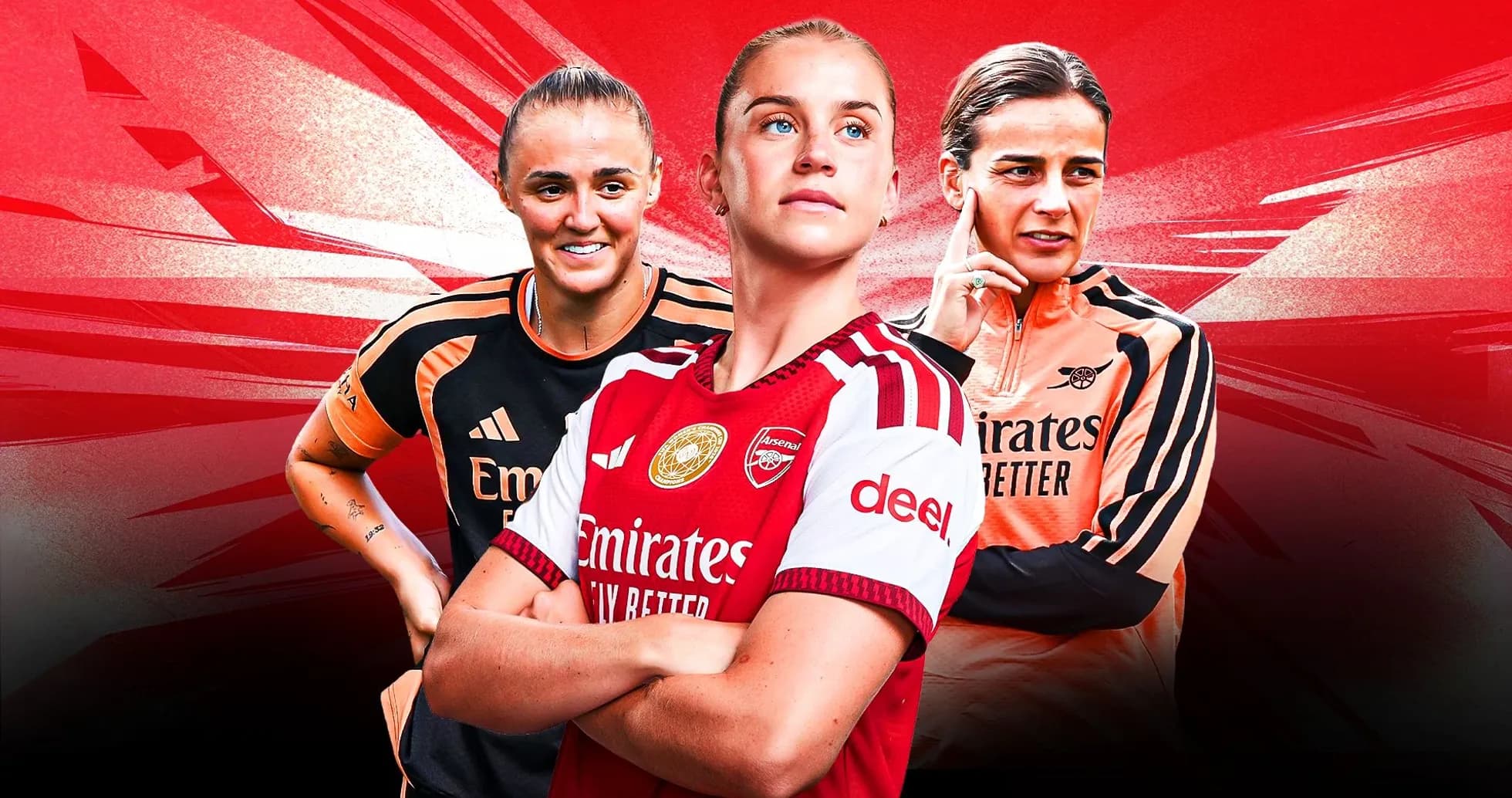 Arsenal women players posing in team jerseys
