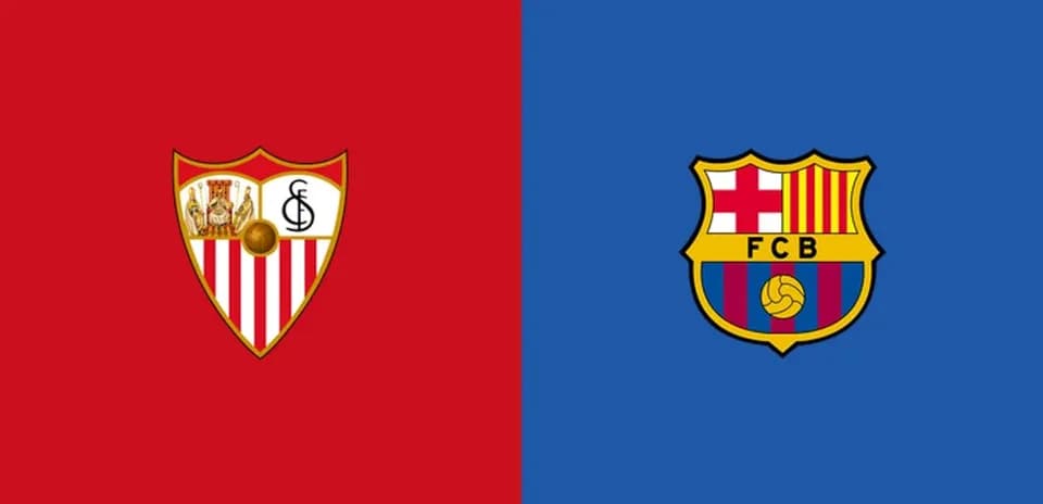 Logos of Sevilla FC and FC Barcelona on backgrounds