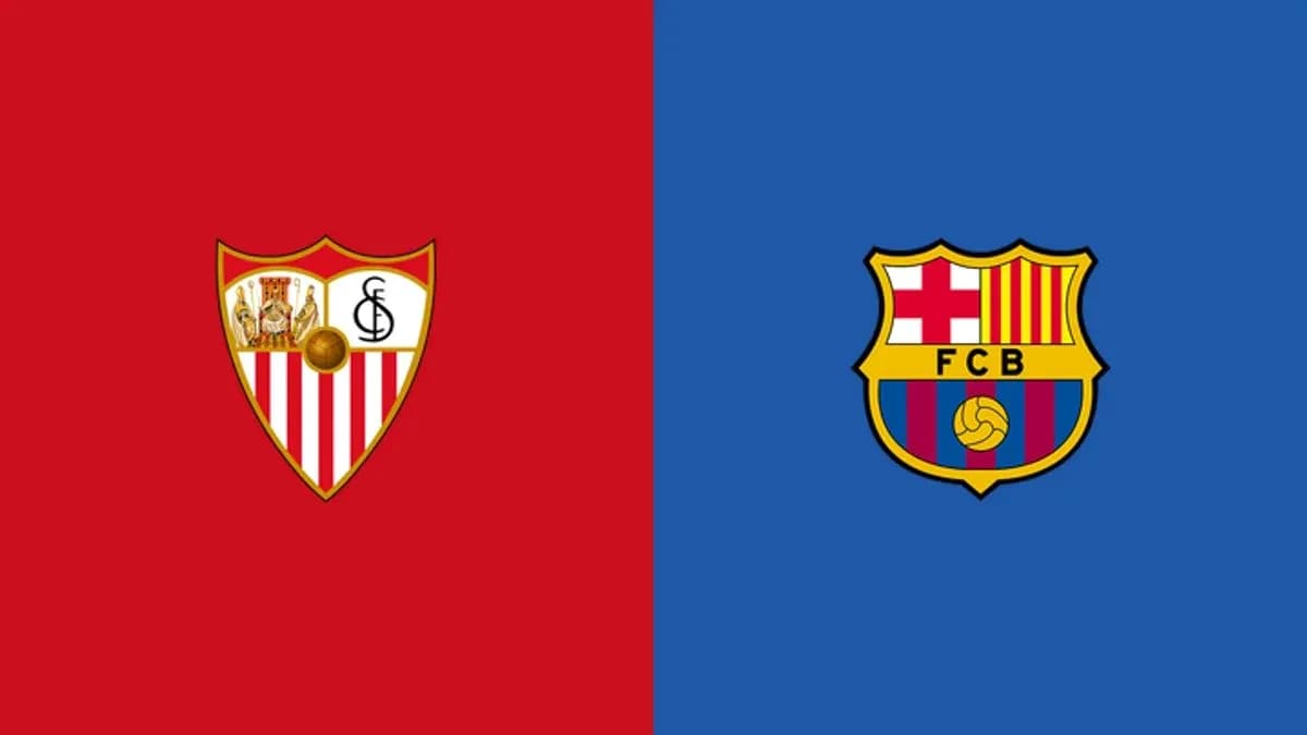 Logos of Sevilla FC and FC Barcelona on backgrounds