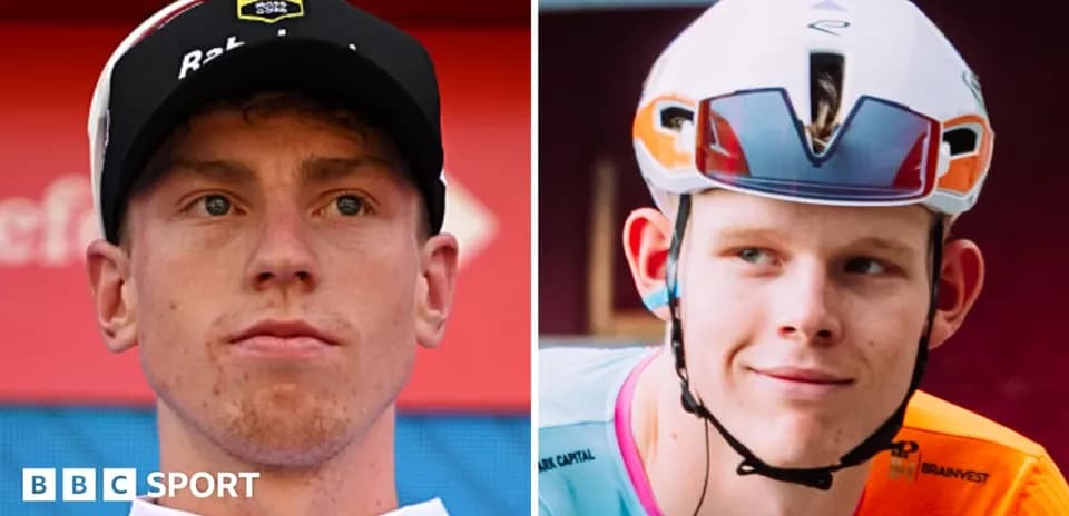 Two cyclists posing for photos in team gear