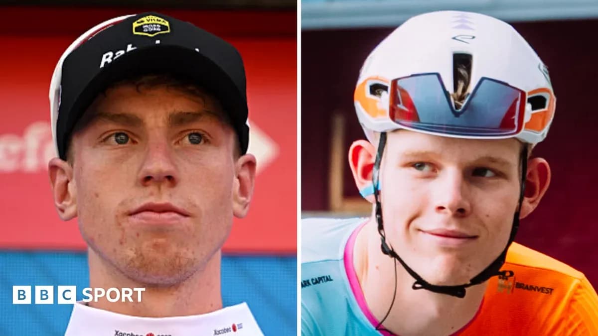 Two cyclists posing for photos in team gear