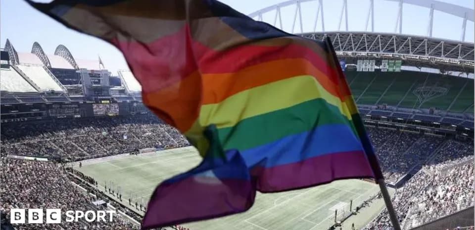 Rainbow flag waving at a packed stadium