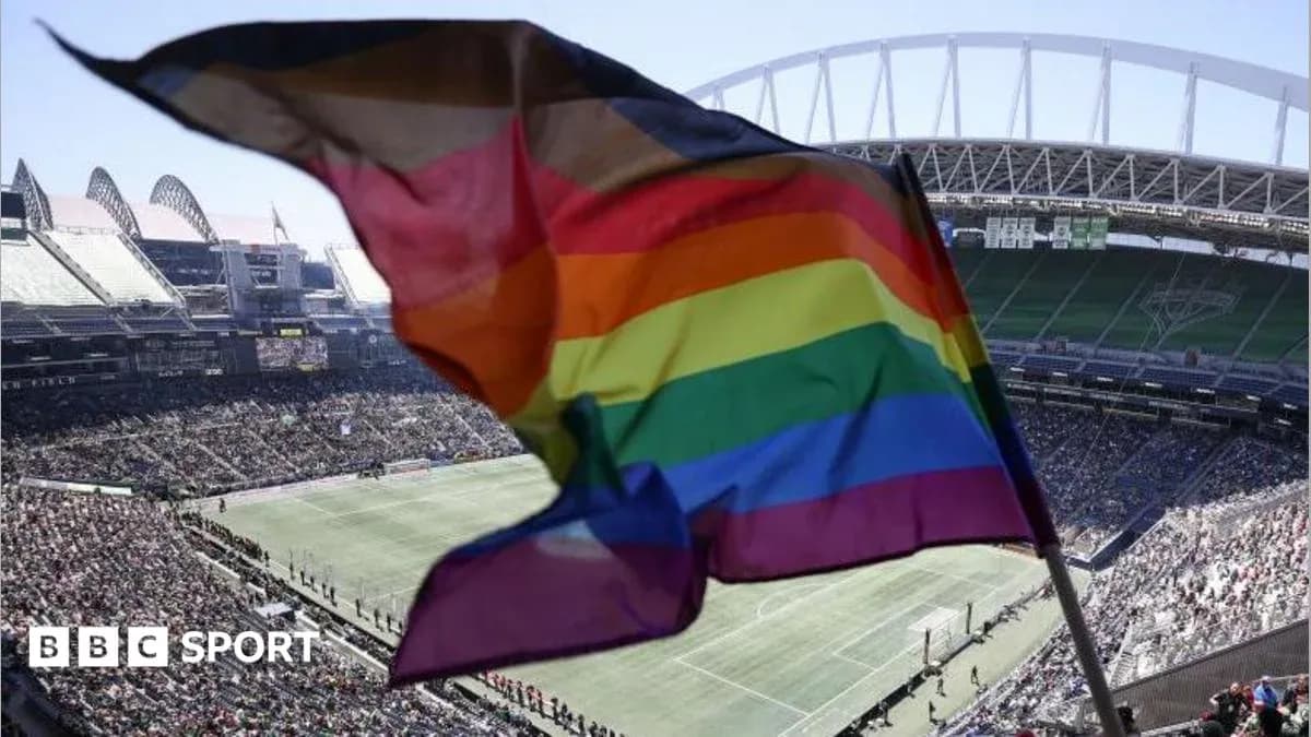 Rainbow flag waving at a packed stadium