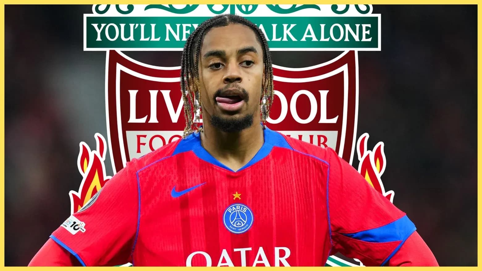 Futbolchi PSG formasida, Liverpool logotipi fonida