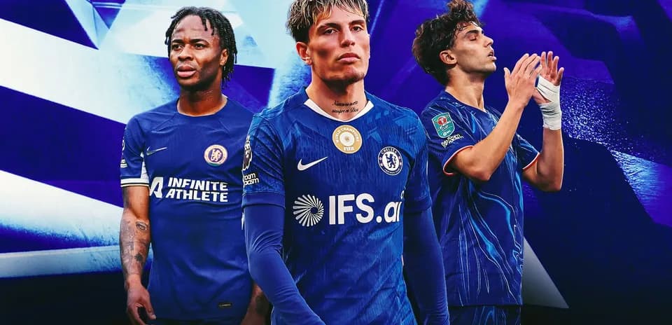 Three Chelsea players posing in blue jerseys