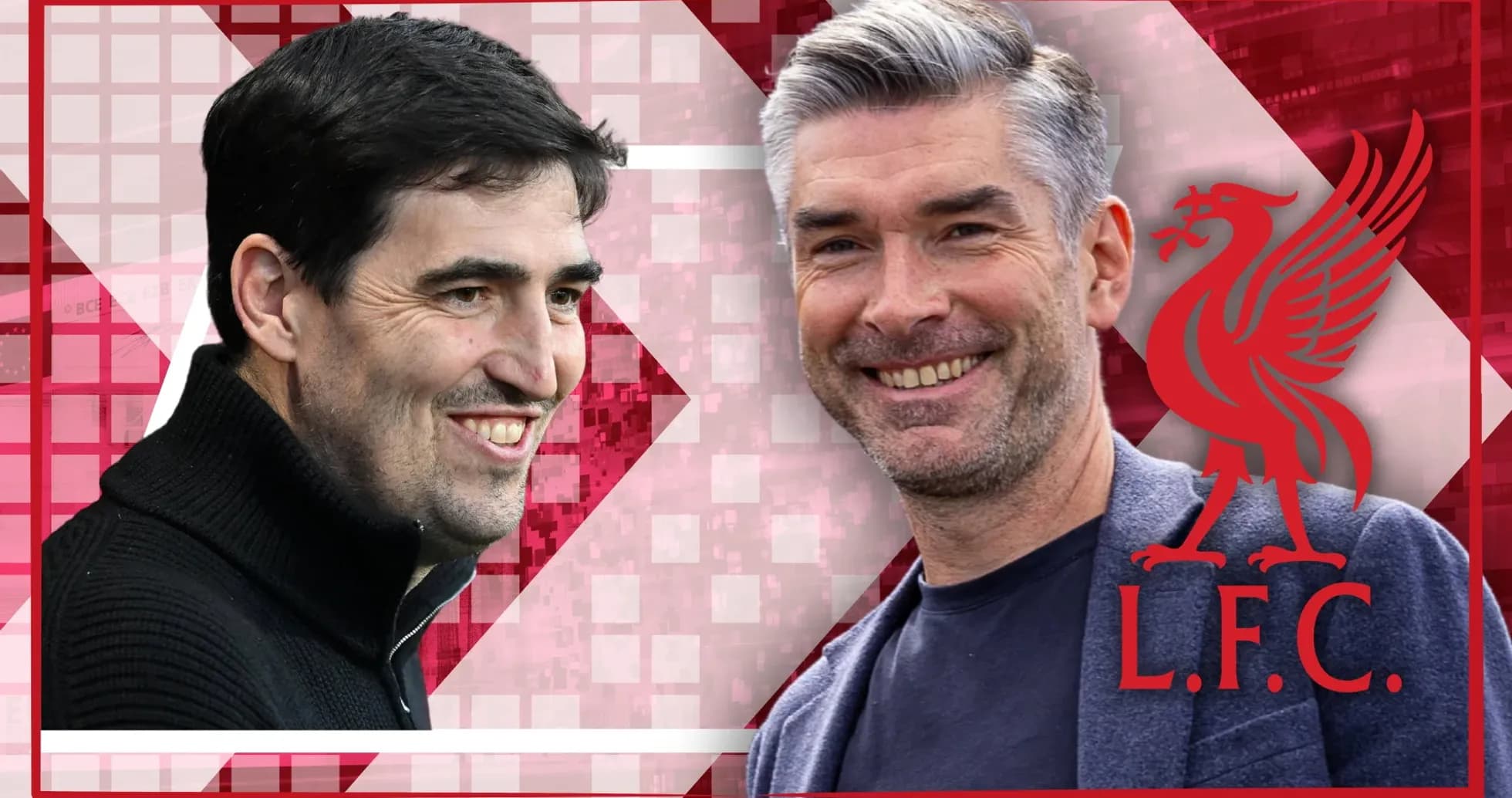 Two coaches smiling against Liverpool background