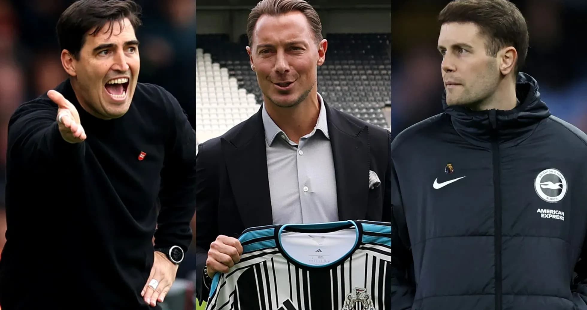 Three football managers posing at different events