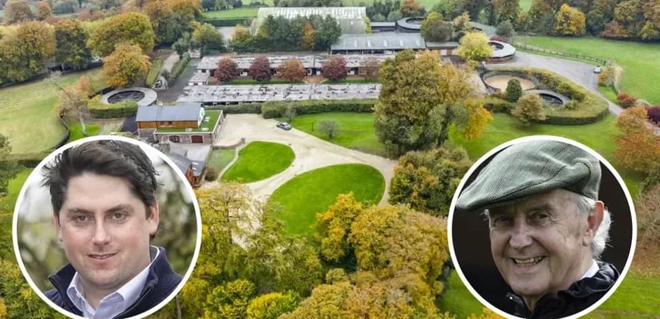 Aerial view of a horse training facility with two portraits