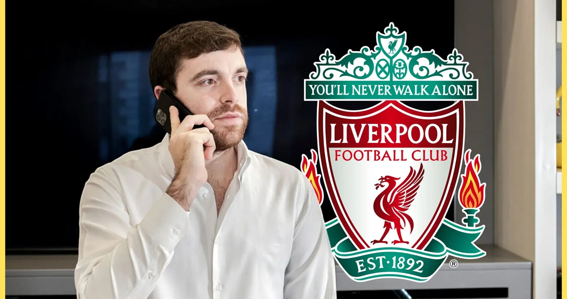 Man talking on phone with Liverpool FC logo background
