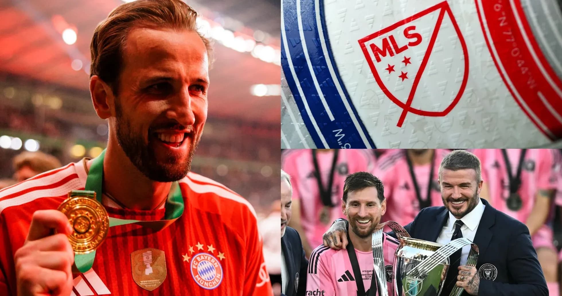 Harry Kane with trophy, MLS logo, Messi and Beckham celebrating