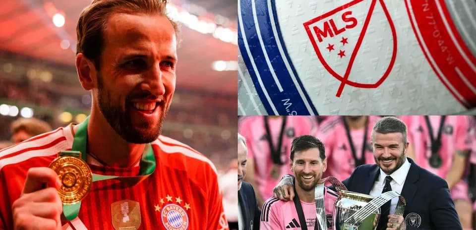 Harry Kane with trophy, MLS logo, Messi and Beckham celebrating