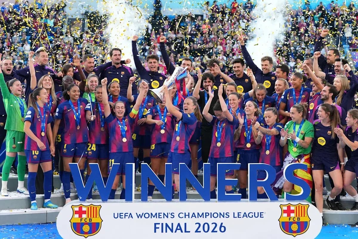 FC Barcelona women's team celebrating UEFA trophy win