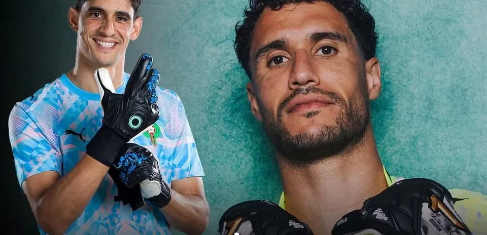 Two goalkeepers posing with gloves in studio