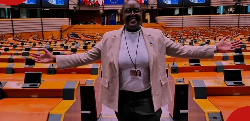 Person posing in empty parliamentary chamber