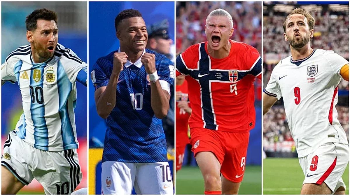 Four football players celebrating goals in action