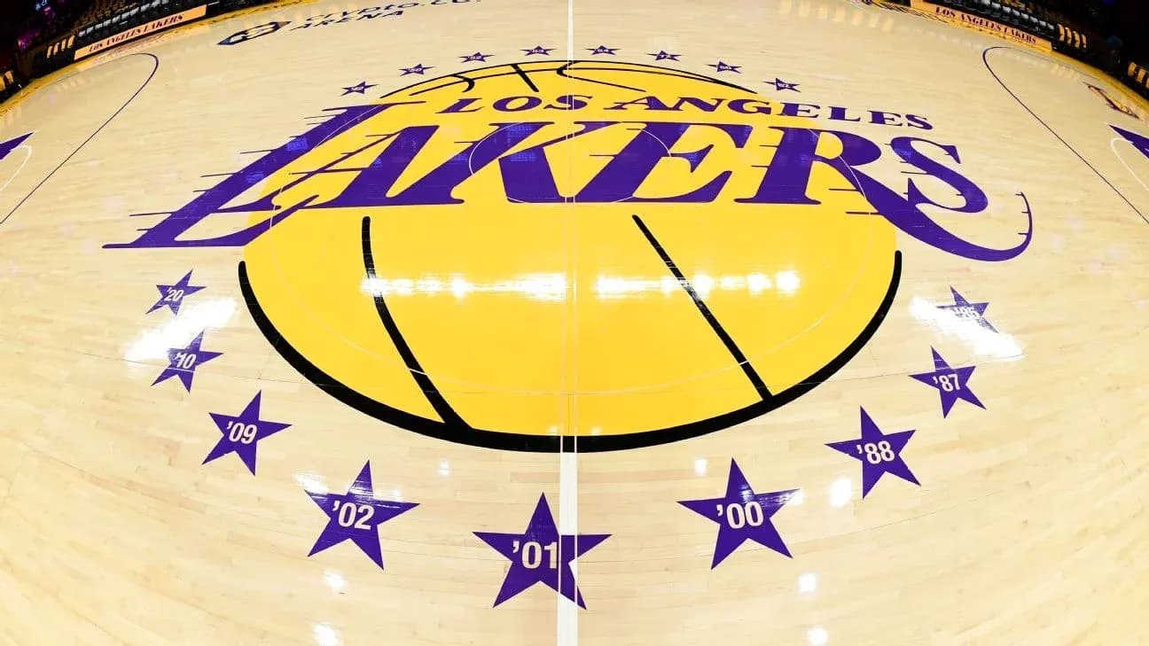 Los Angeles Lakers logo on basketball court floor
