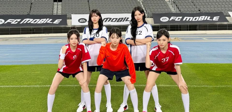 Five players posing in soccer uniforms on field