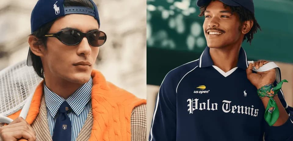 Two models wearing stylish tennis-themed outfits