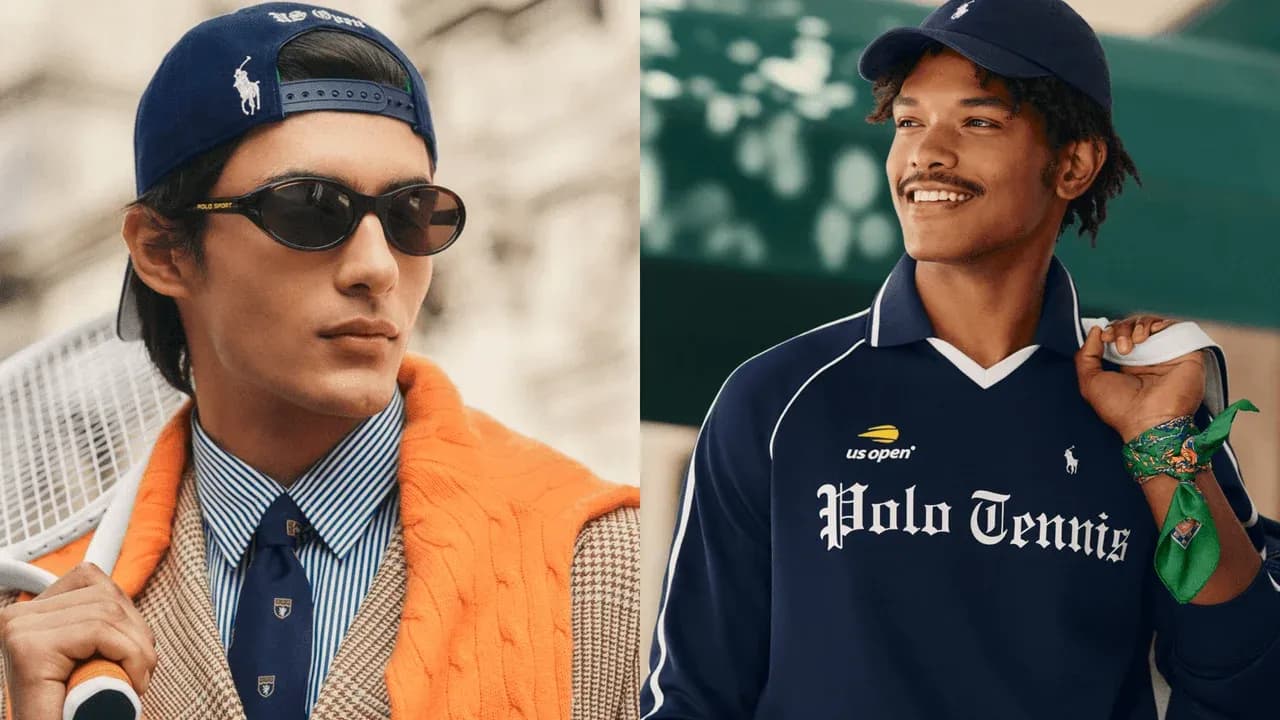 Two models wearing stylish tennis-themed outfits