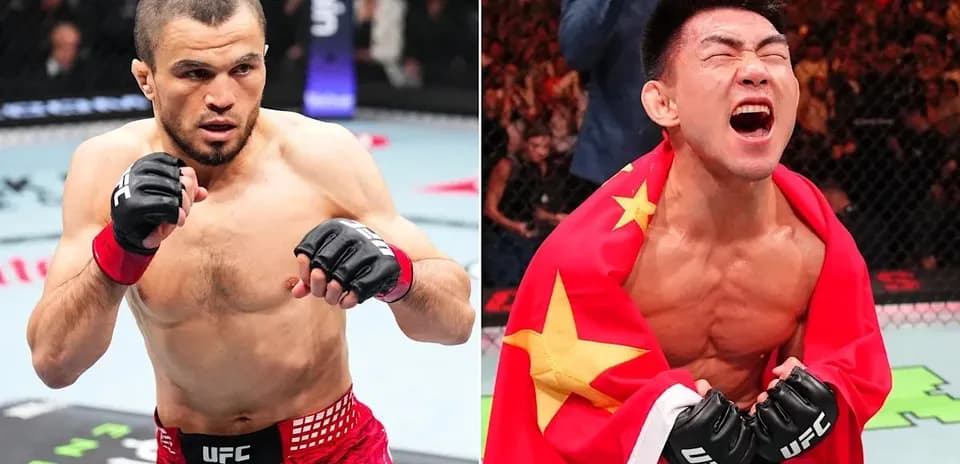 Two fighters in UFC, one celebrating victory