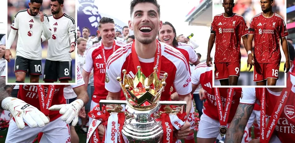 Arsenal players celebrating Premier League victory with trophy