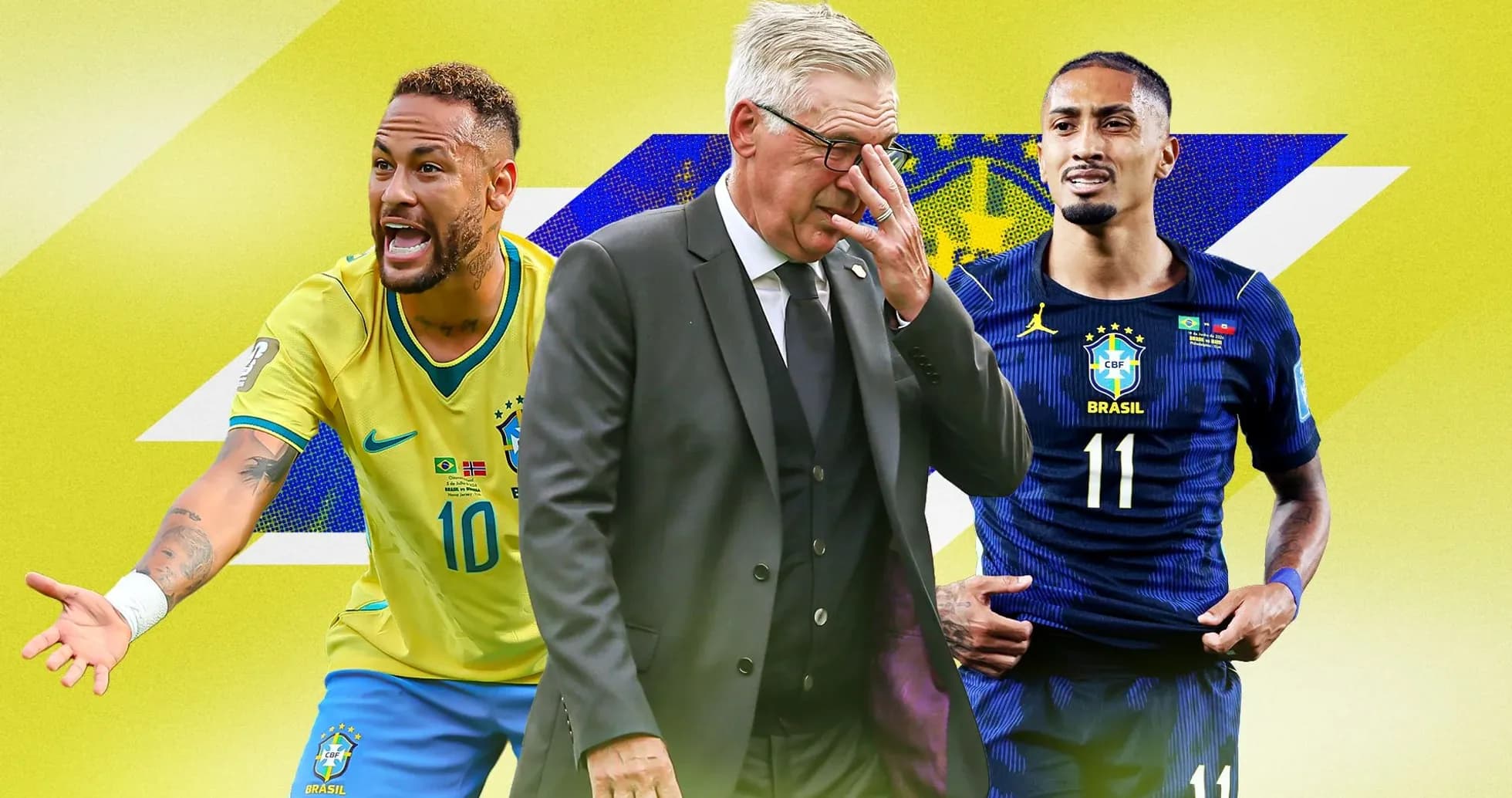 Neymar and coach with another player on yellow background