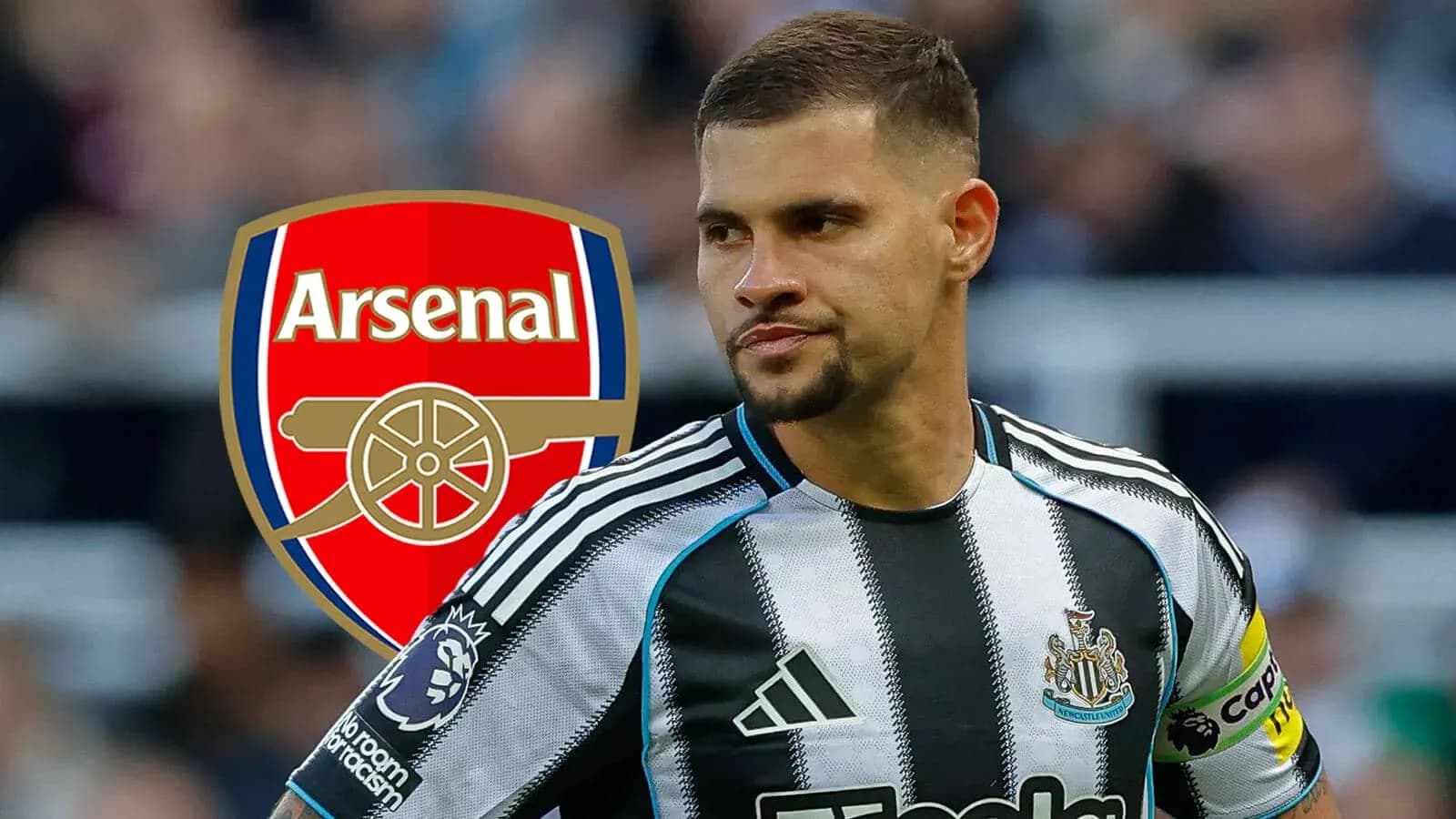 Newcastle player in kit with Arsenal logo background