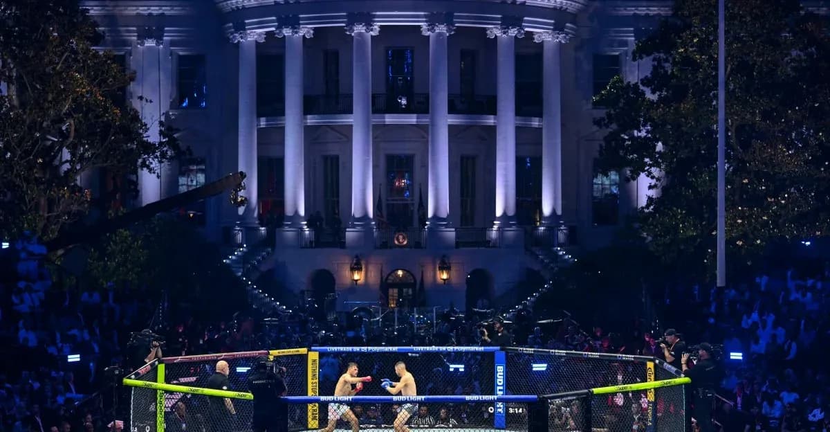 Two fighters competing in octagon outside building
