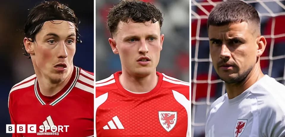 Wales players posing for team photo montage