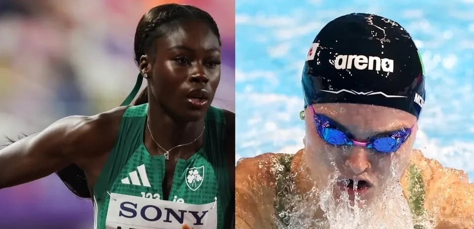 Yarimda yuguruvchi va suzuvchi sportchilar