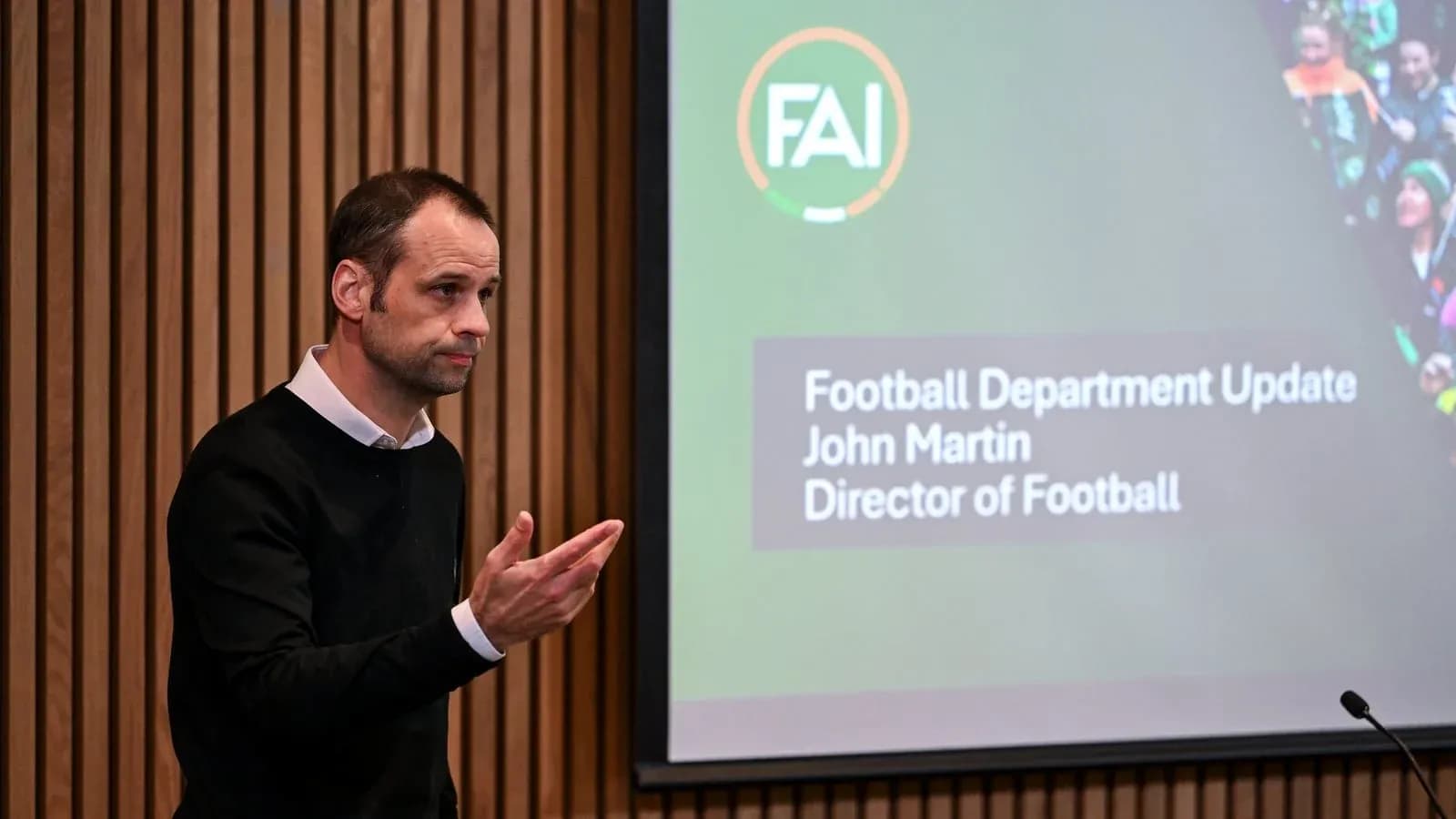 John Martin speaking at football department update event