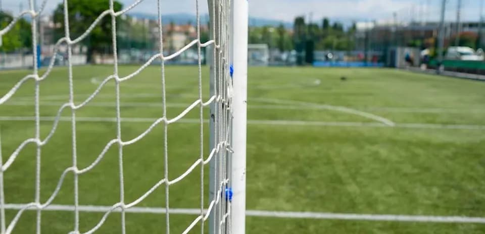 Football goal net on a grassy pitch