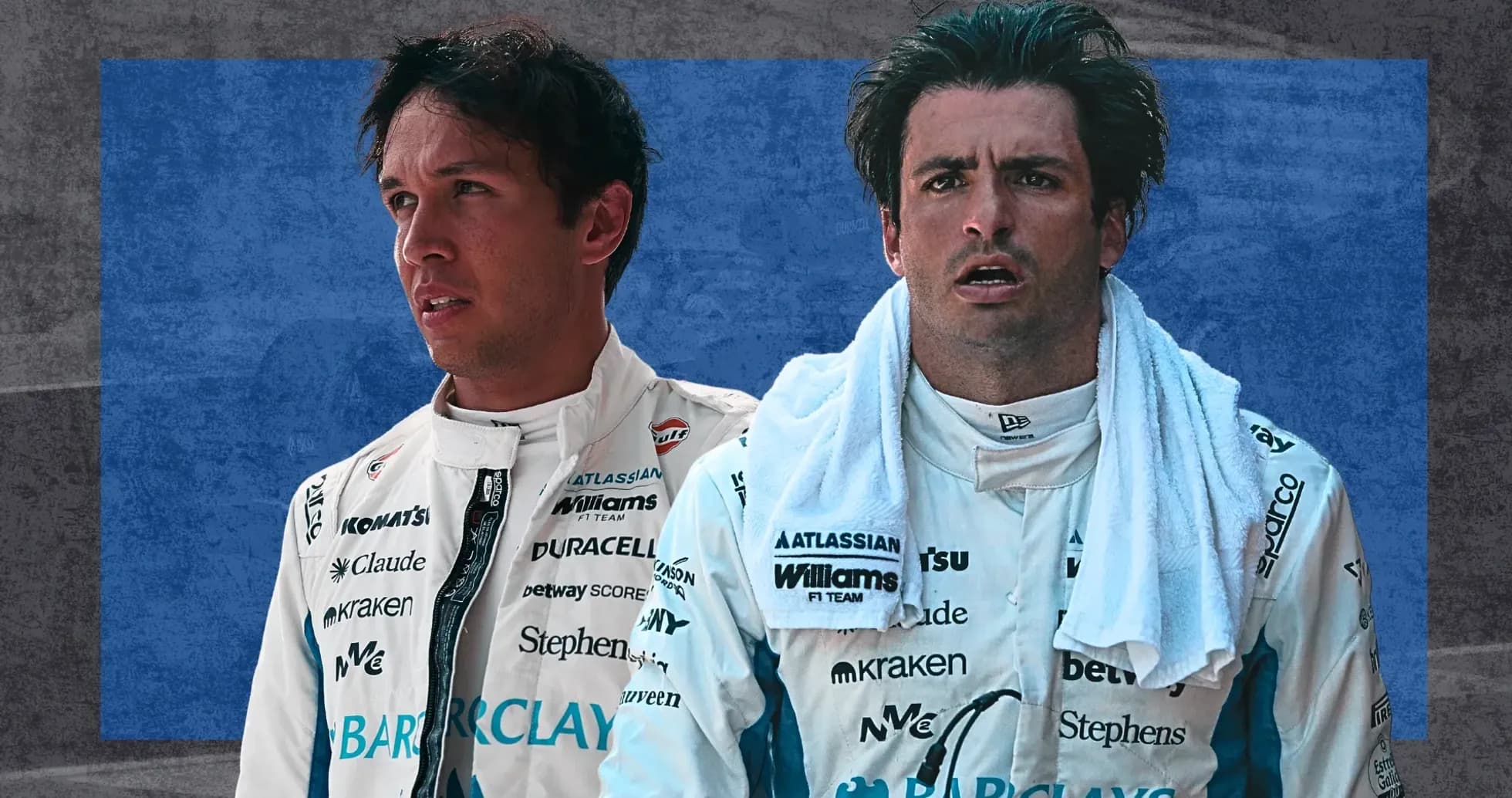 Two Formula 1 drivers in team uniforms